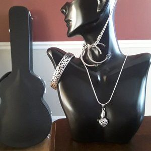 Carved Metal Bangle Cuff.  Hoop Earrings.  Heart Pendant Necklace 16" Set.